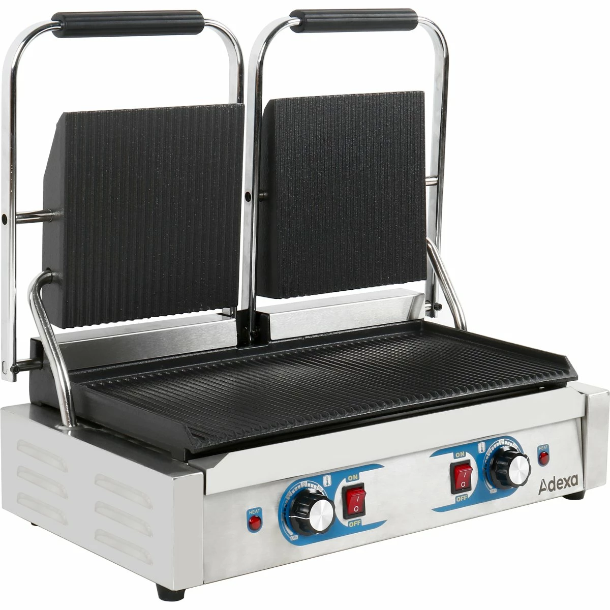 Heavy Duty Twin Panini Contact Grill Dual Zone 1.8kW Ribbed | Adexa MLP813