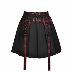 Dark In Love Tartan Strap Pleated Mini Skirt