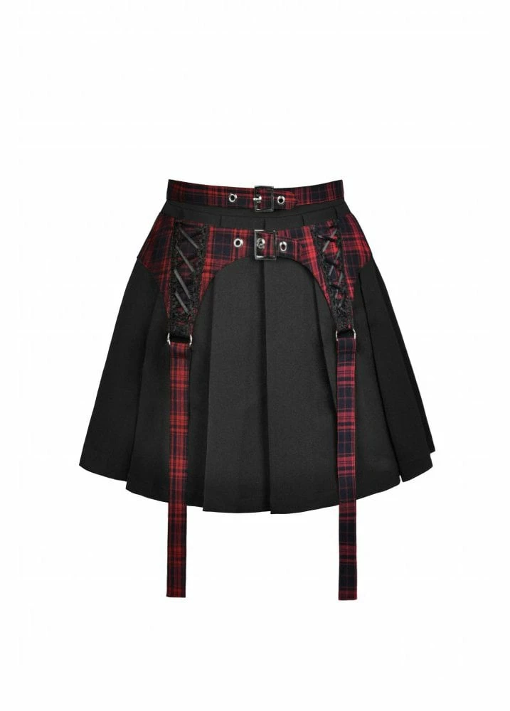 Dark In Love Tartan Strap Pleated Mini Skirt
